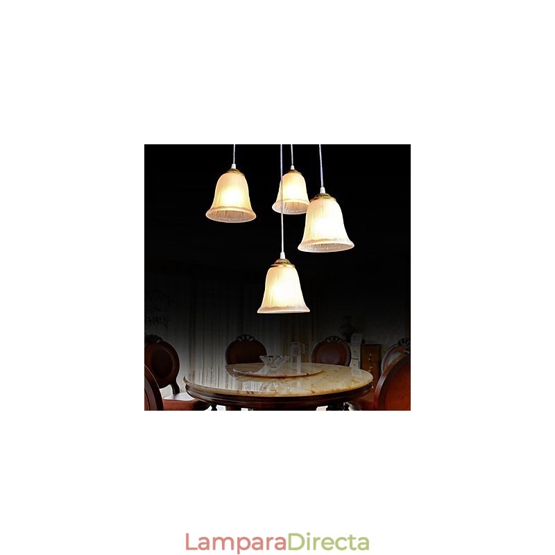 Lámpara colgante de bronce con cuatro luces y pantalla de cristal, estilo retro clásico europeo.