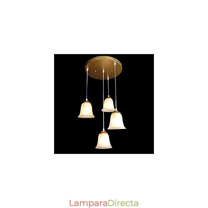 Lámpara colgante de bronce con cuatro luces y pantalla de cristal, estilo retro clásico europeo.