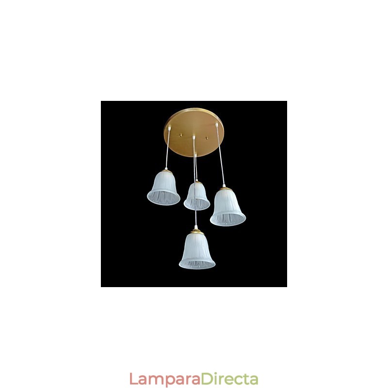 Lámpara colgante de bronce con cuatro luces y pantalla de cristal, estilo retro clásico europeo.
