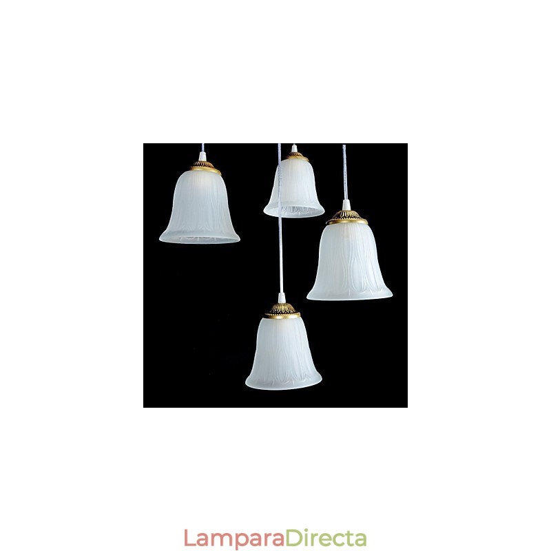 Lámpara colgante de bronce con cuatro luces y pantalla de cristal, estilo retro clásico europeo.