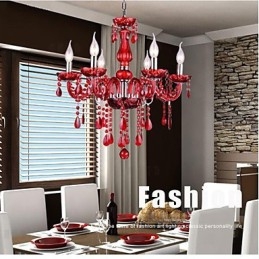 Lámpara de araña moderna de lujo de cristal rojo de 6 luces