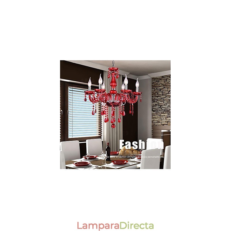 Lámpara de araña moderna de lujo de cristal rojo de 6 luces
