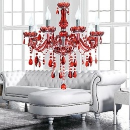 Lámpara de araña moderna de lujo de cristal rojo de 6 luces