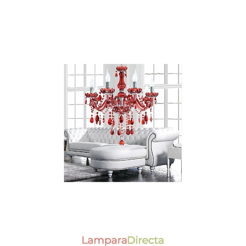 Lámpara de araña moderna de lujo de cristal rojo de 6 luces