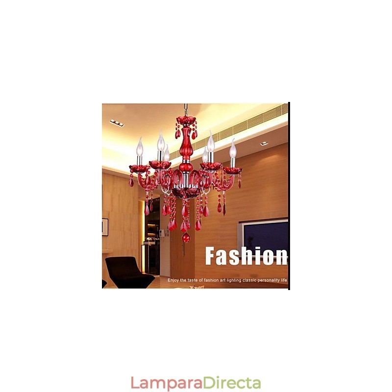 Lámpara de araña moderna de lujo de cristal rojo de 6 luces