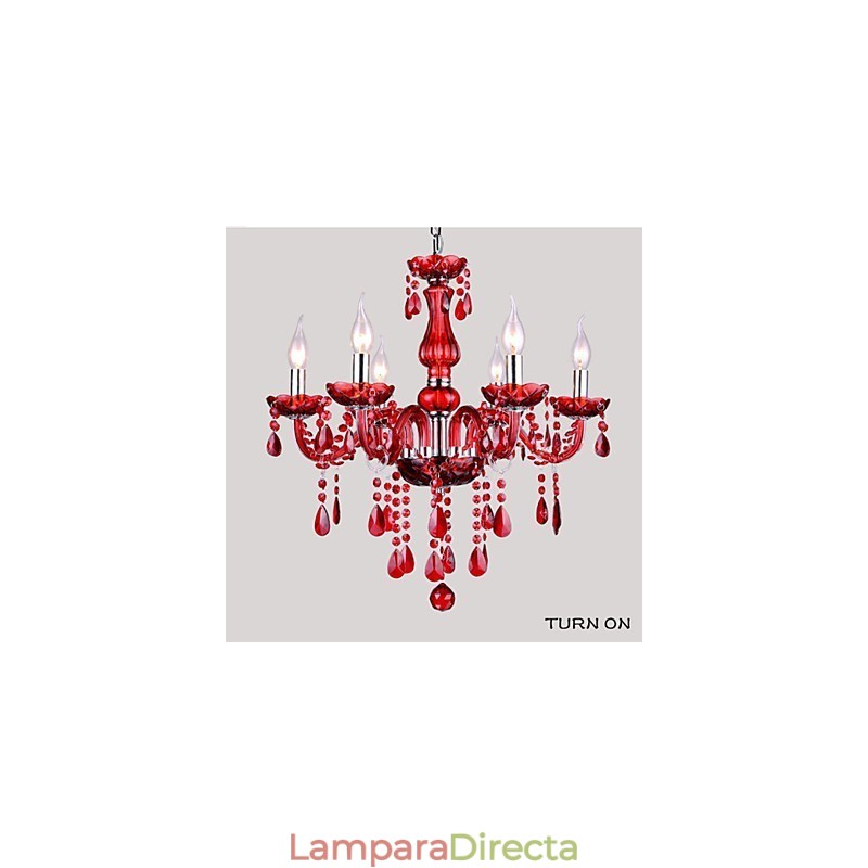 Lámpara de araña moderna de lujo de cristal rojo de 6 luces