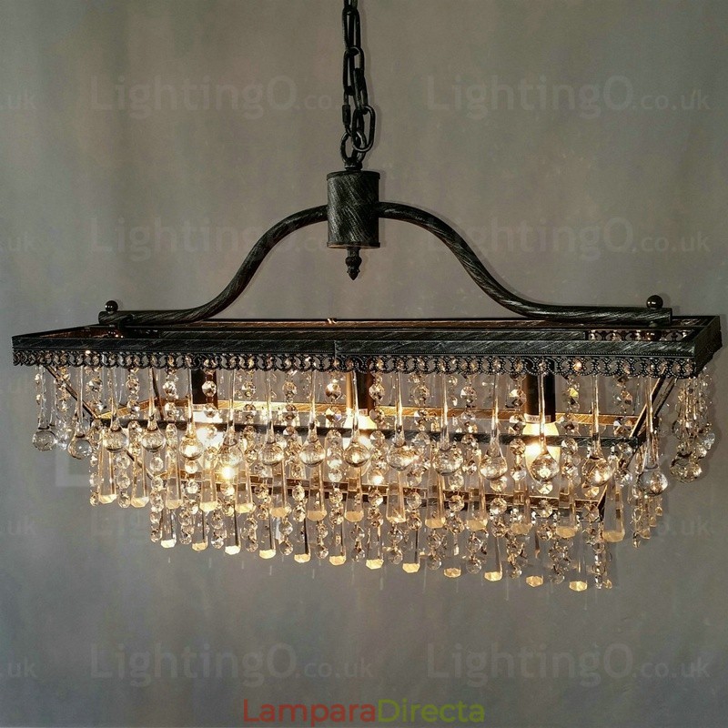 Lámpara de araña clásica tradicional de metal y cristal rectangular de 3 niveles para
