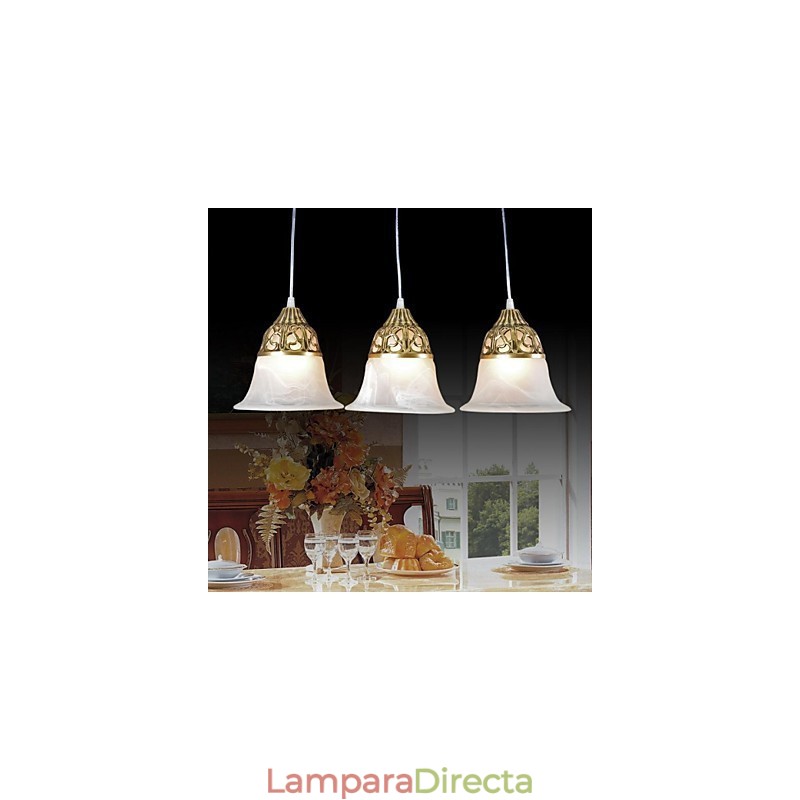 Lámpara colgante de bronce de tres luces con cristal muaré, estilo clásico europeo.