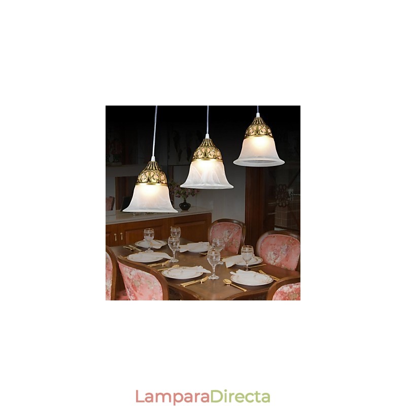 Lámpara colgante de bronce de tres luces con cristal muaré, estilo clásico europeo.