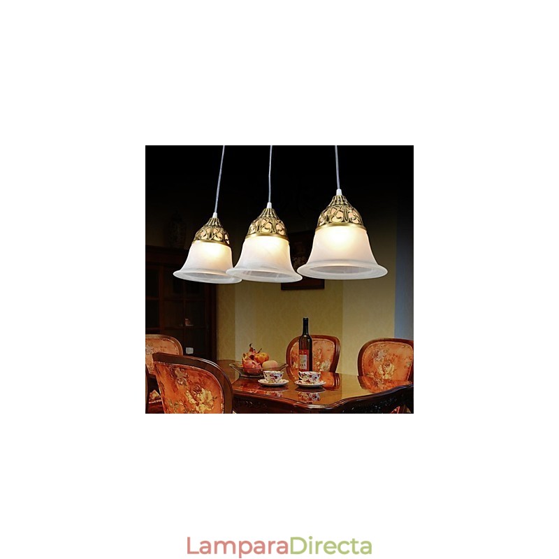 Lámpara colgante de bronce de tres luces con cristal muaré, estilo clásico europeo.