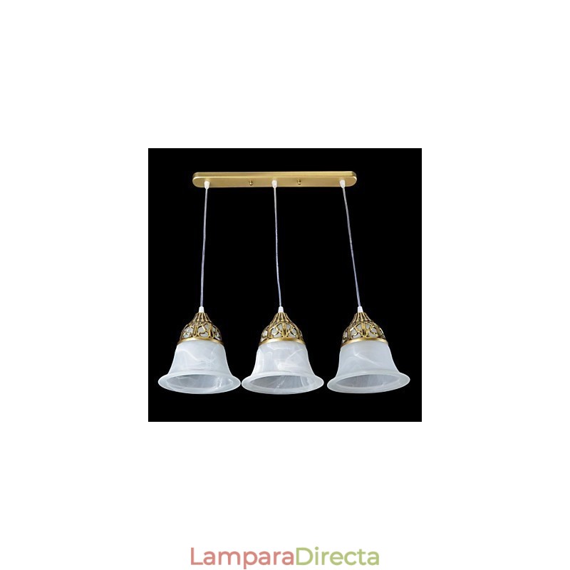Lámpara colgante de bronce de tres luces con cristal muaré, estilo clásico europeo.