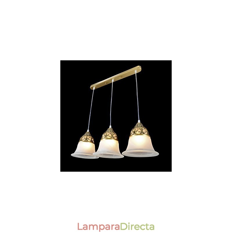 Lámpara colgante de bronce de tres luces con cristal muaré, estilo clásico europeo.