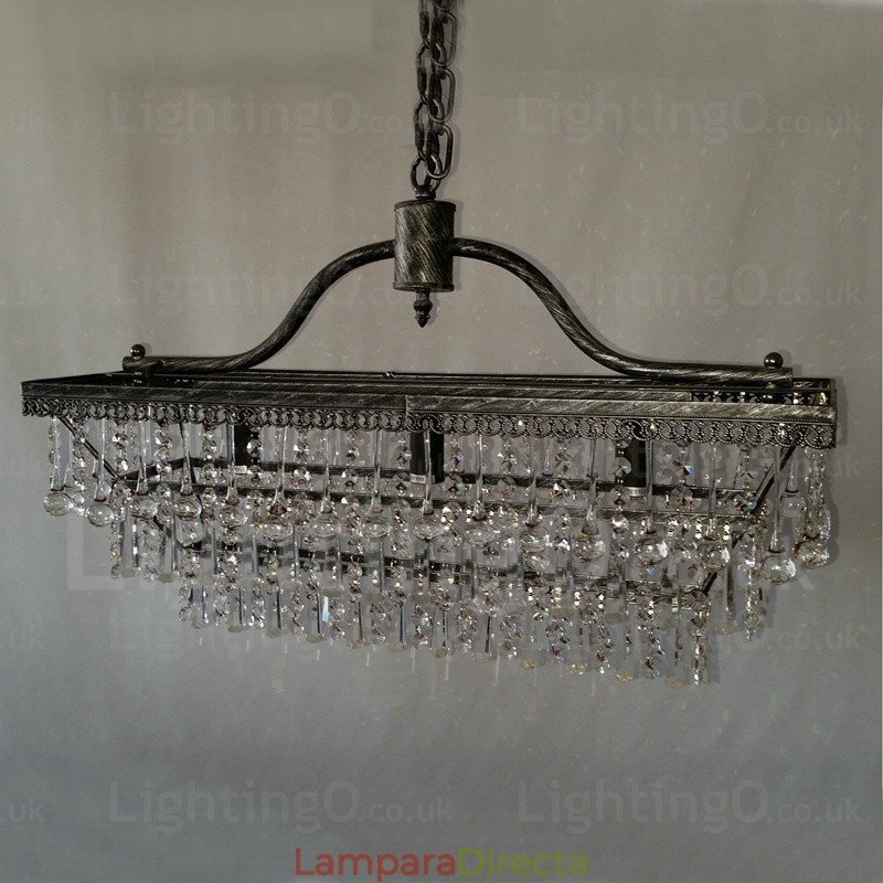 Lámpara de araña clásica tradicional de metal y cristal rectangular de 3 niveles para