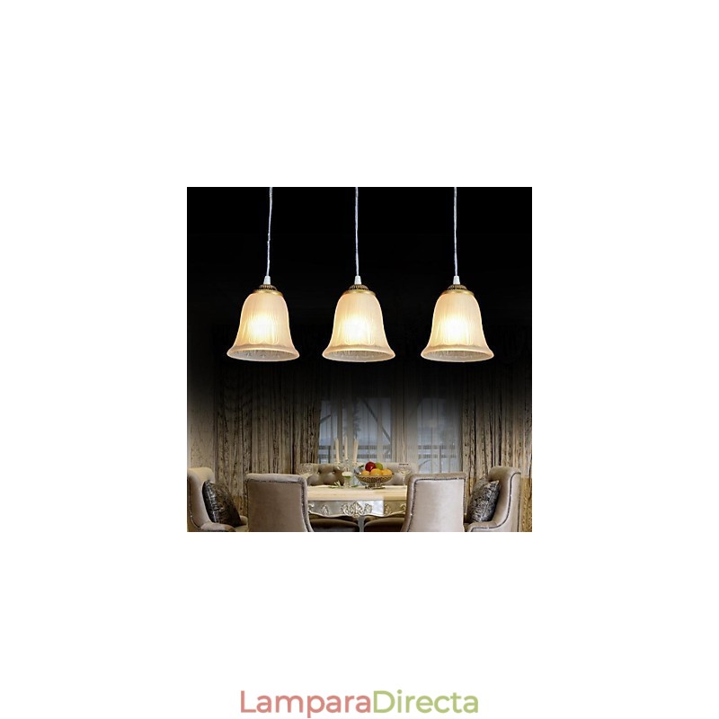 Lámpara colgante de bronce con tres luces y pantalla de cristal, estilo retro clásico europeo.