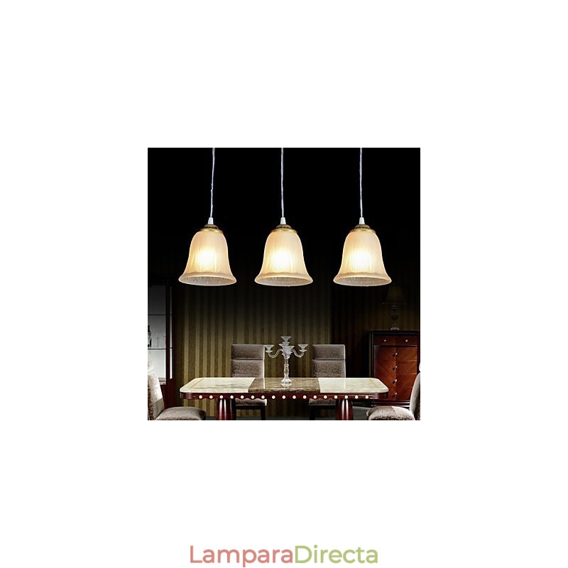 Lámpara colgante de bronce con tres luces y pantalla de cristal, estilo retro clásico europeo.