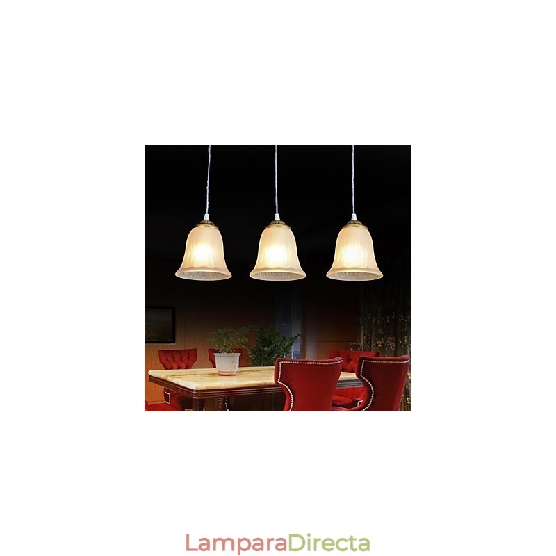 Lámpara colgante de bronce con tres luces y pantalla de cristal, estilo retro clásico europeo.