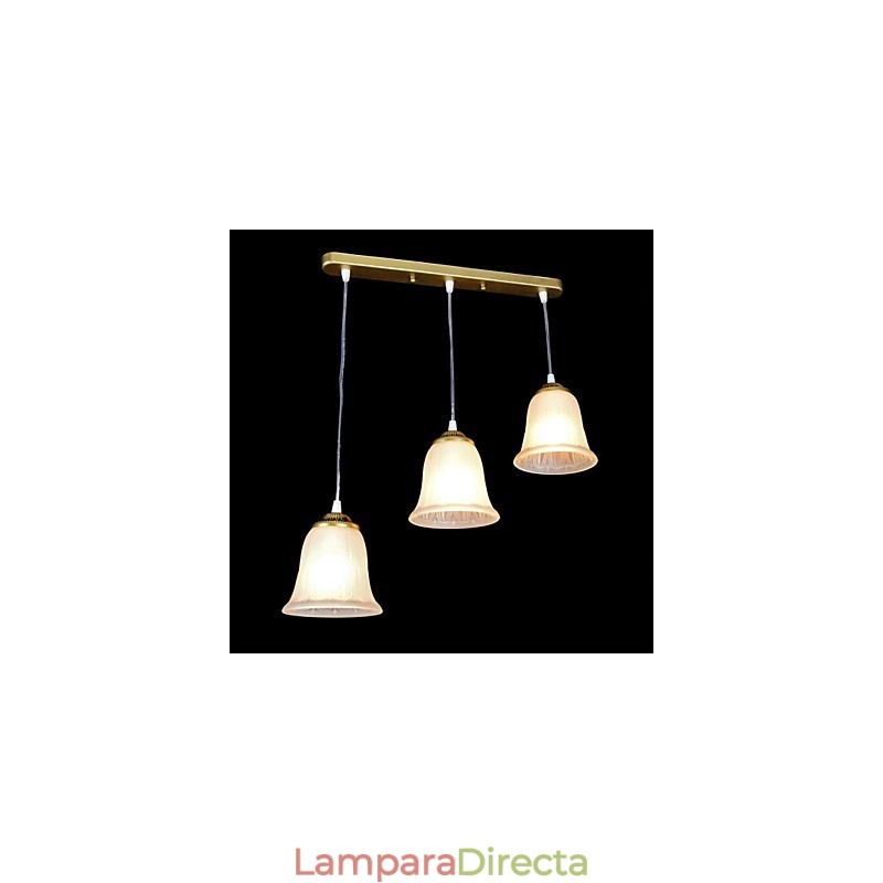 Lámpara colgante de bronce con tres luces y pantalla de cristal, estilo retro clásico europeo.