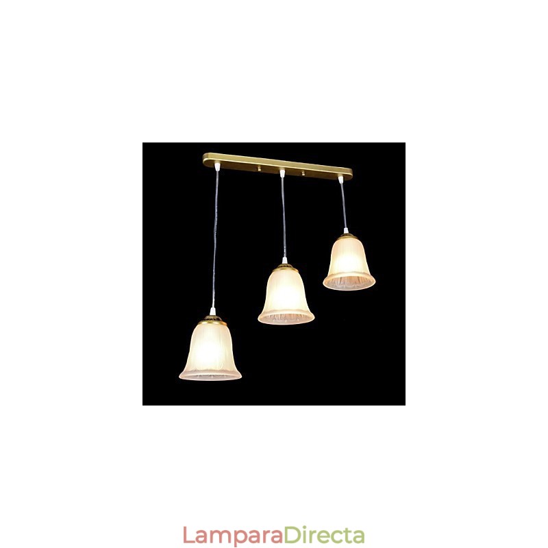 Lámpara colgante de bronce con tres luces y pantalla de cristal, estilo retro clásico europeo.