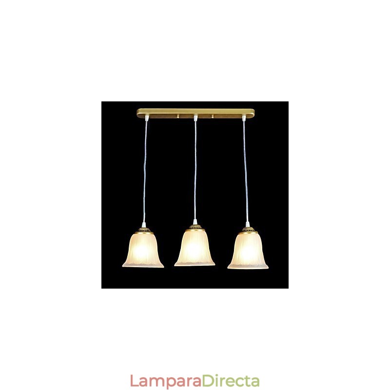 Lámpara colgante de bronce con tres luces y pantalla de cristal, estilo retro clásico europeo.
