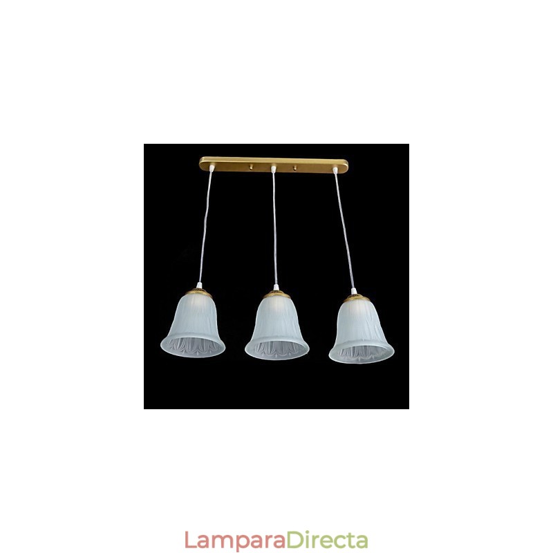 Lámpara colgante de bronce con tres luces y pantalla de cristal, estilo retro clásico europeo.