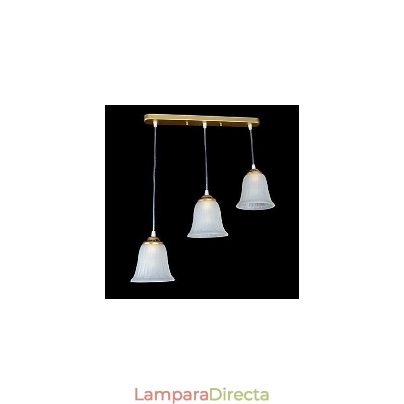 Lámpara colgante de bronce con tres luces y pantalla de cristal, estilo retro clásico europeo.