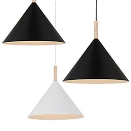 Lámpara colgante mini de cono artístico, 1 luz, acabado moderno y sencillo, aluminio blanco y negro y madera.