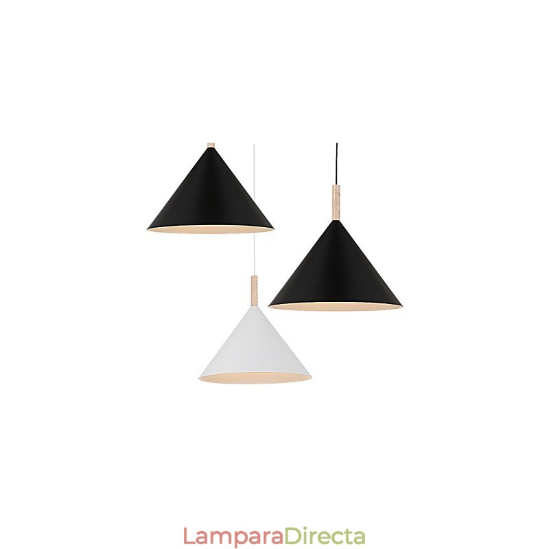Lámpara colgante mini de cono artístico, 1 luz, acabado moderno y sencillo, aluminio blanco y negro y madera.