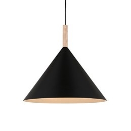 Lámpara colgante mini de cono artístico, 1 luz, acabado moderno y sencillo, aluminio blanco y negro y madera.
