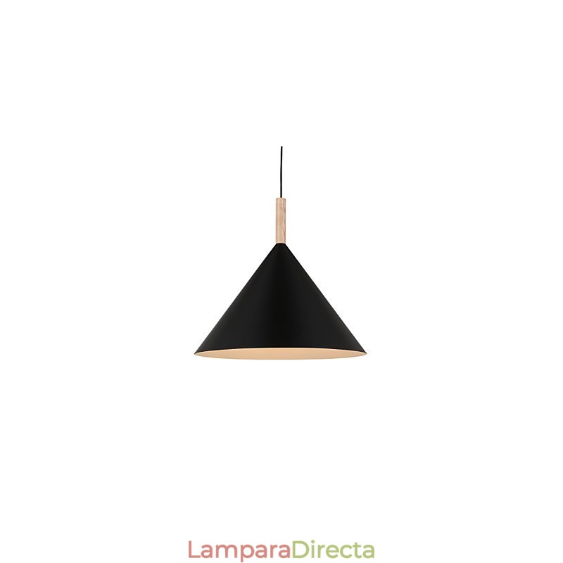 Lámpara colgante mini de cono artístico, 1 luz, acabado moderno y sencillo, aluminio blanco y negro y madera.
