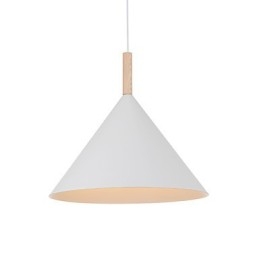 Lámpara colgante mini de cono artístico, 1 luz, acabado moderno y sencillo, aluminio blanco y negro y madera.