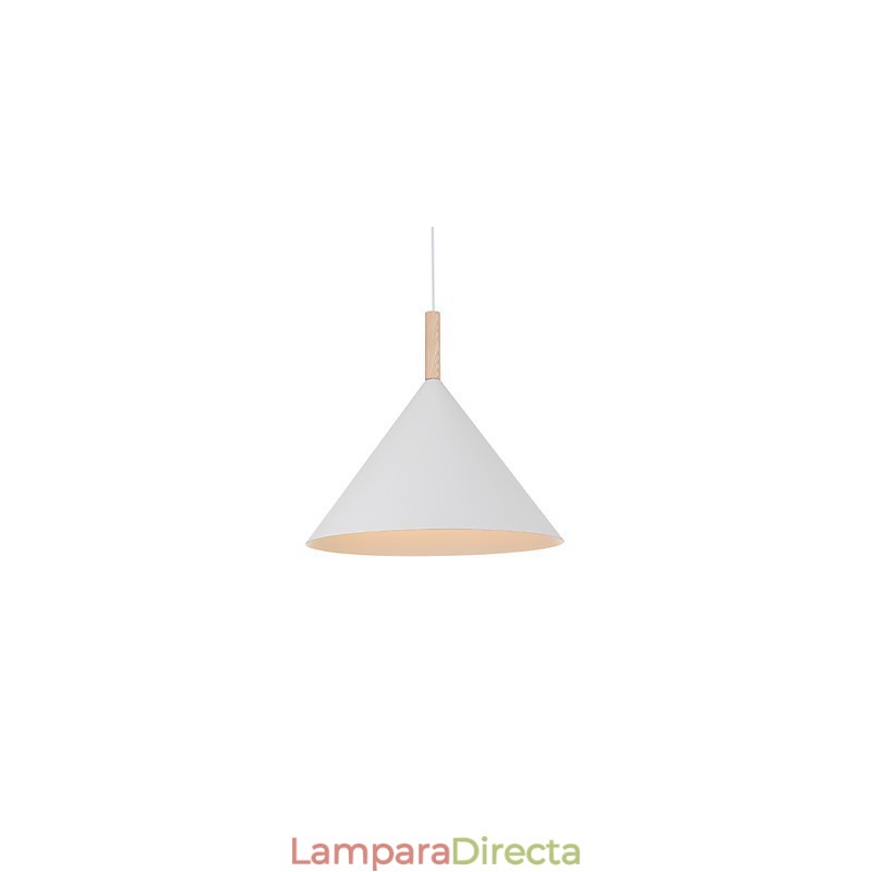 Lámpara colgante mini de cono artístico, 1 luz, acabado moderno y sencillo, aluminio blanco y negro y madera.