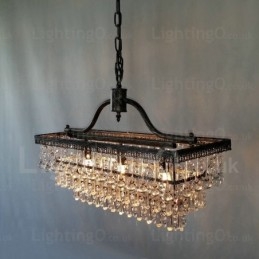 Lámpara de araña clásica tradicional de metal y cristal rectangular de 3 niveles para