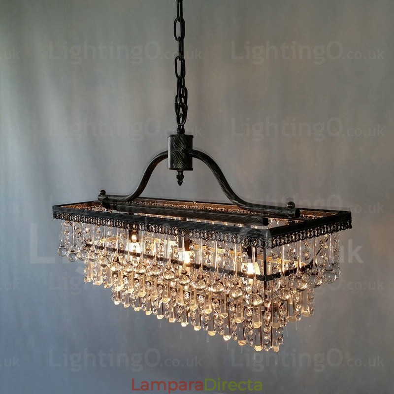 Lámpara de araña clásica tradicional de metal y cristal rectangular de 3 niveles para