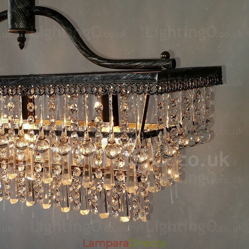 Lámpara de araña clásica tradicional de metal y cristal rectangular de 3 niveles para