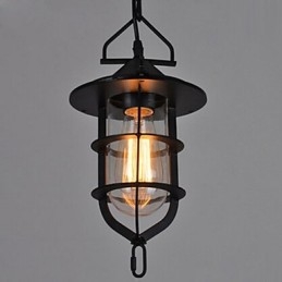 Lámpara colgante vintage mediana de cristal y metal con forma de jaula negra