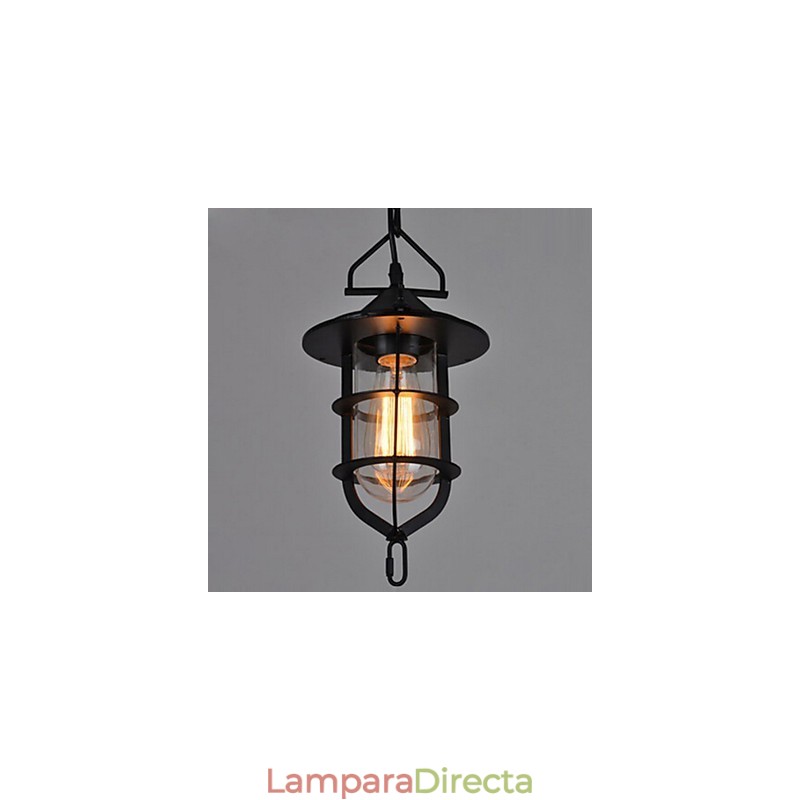 Lámpara colgante vintage mediana de cristal y metal con forma de jaula negra