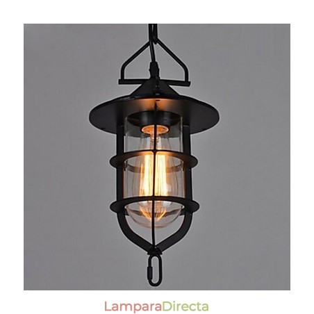 Lámpara colgante vintage mediana de cristal y metal con forma de jaula negra Lámpara colgante vintage mediana de cristal y metal con forma de jaula negra