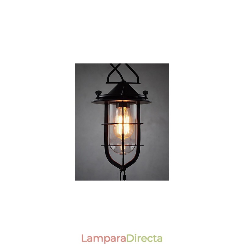 Lámpara colgante vintage mediana de cristal y metal con forma de jaula negra