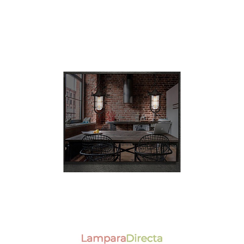 Lámpara colgante vintage mediana de cristal y metal con forma de jaula negra