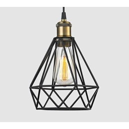 Lámpara colgante industrial de alambre tipo jaula, ideal para cafeterías, lofts, almacenes, etc., con cable negro.