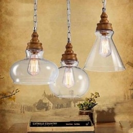 Lámparas y faroles de cristal con vetas de madera para iluminación de cafeterías