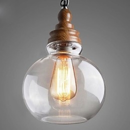 Lámpara colgante vintage de madera redonda con bola de cristal (diámetro de 19 cm)