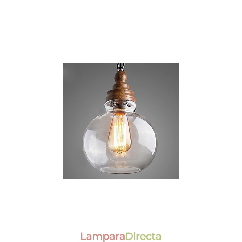 Lámpara colgante vintage de madera redonda con bola de cristal (diámetro de 19 cm)