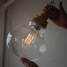 Lámpara colgante vintage de madera redonda con bola de cristal (diámetro de 19 cm)