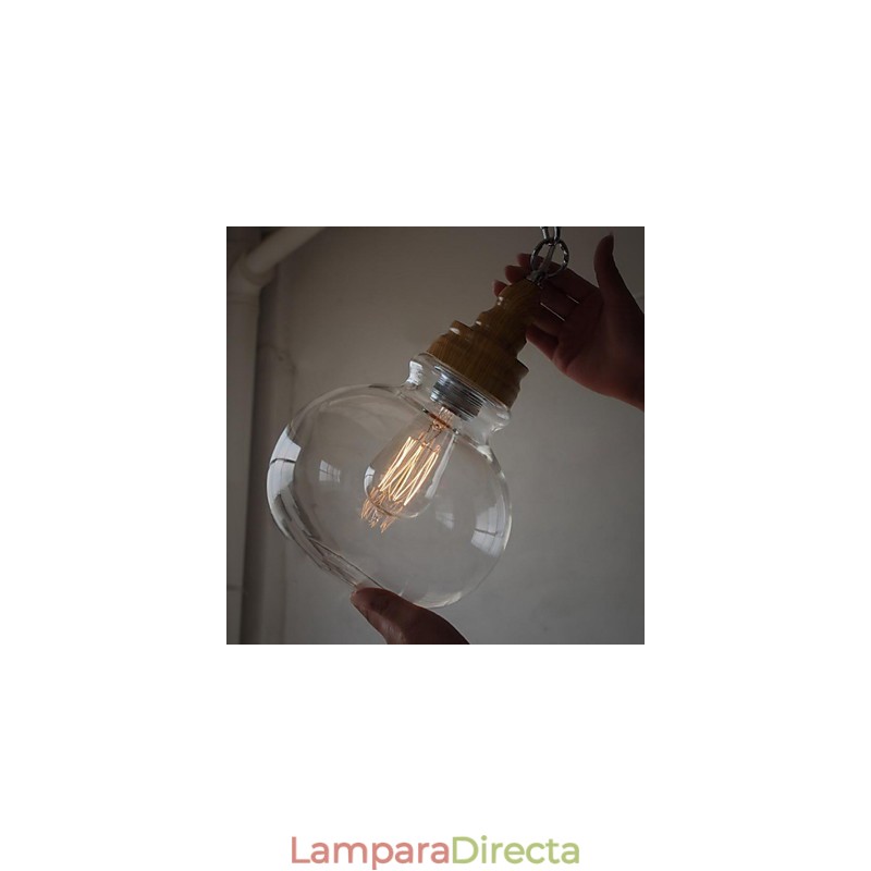 Lámpara colgante vintage de madera redonda con bola de cristal (diámetro de 19 cm)