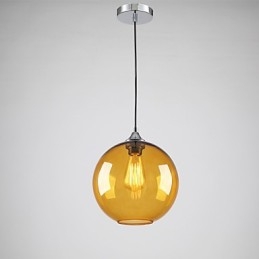 Lámpara colgante moderna de cristal con pantalla de cristal redonda con diseño de burbujas de color ámbar.