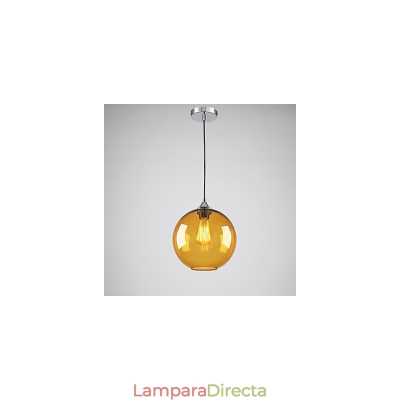 Lámpara colgante moderna de cristal con pantalla de cristal redonda con diseño de burbujas de color ámbar.