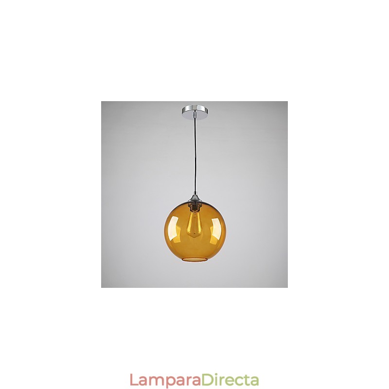 Lámpara colgante moderna de cristal con pantalla de cristal redonda con diseño de burbujas de color ámbar.
