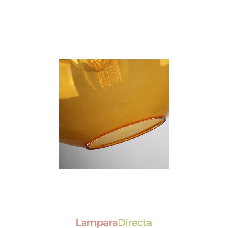 Lámpara colgante moderna de cristal con pantalla de cristal redonda con diseño de burbujas de color ámbar.