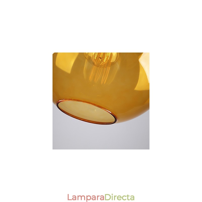 Lámpara colgante moderna de cristal con pantalla de cristal redonda con diseño de burbujas de color ámbar.